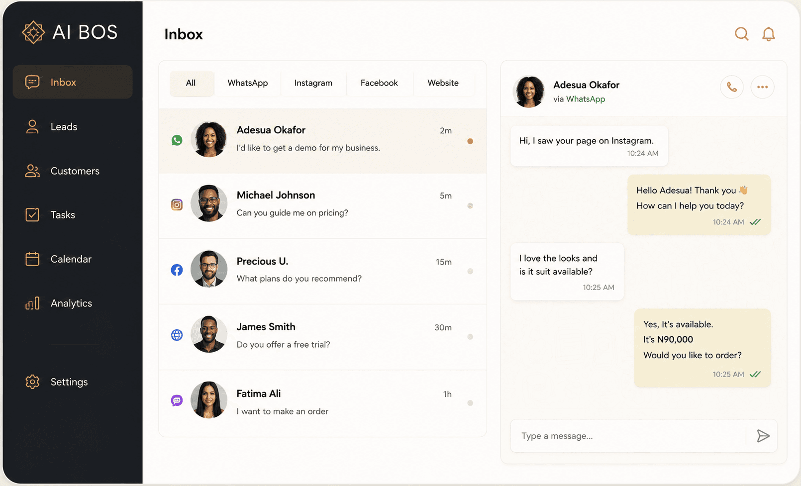 AI BOS unified inbox dashboard showing connected customer conversations